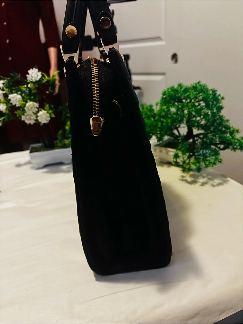 Black Quilted Top-Handle Tote with Gold Hardware